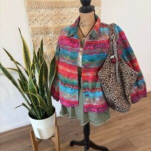 Vintage 90s Chicos Denim Jacket Bohemian Boho Art Colorful Print 100% cotton